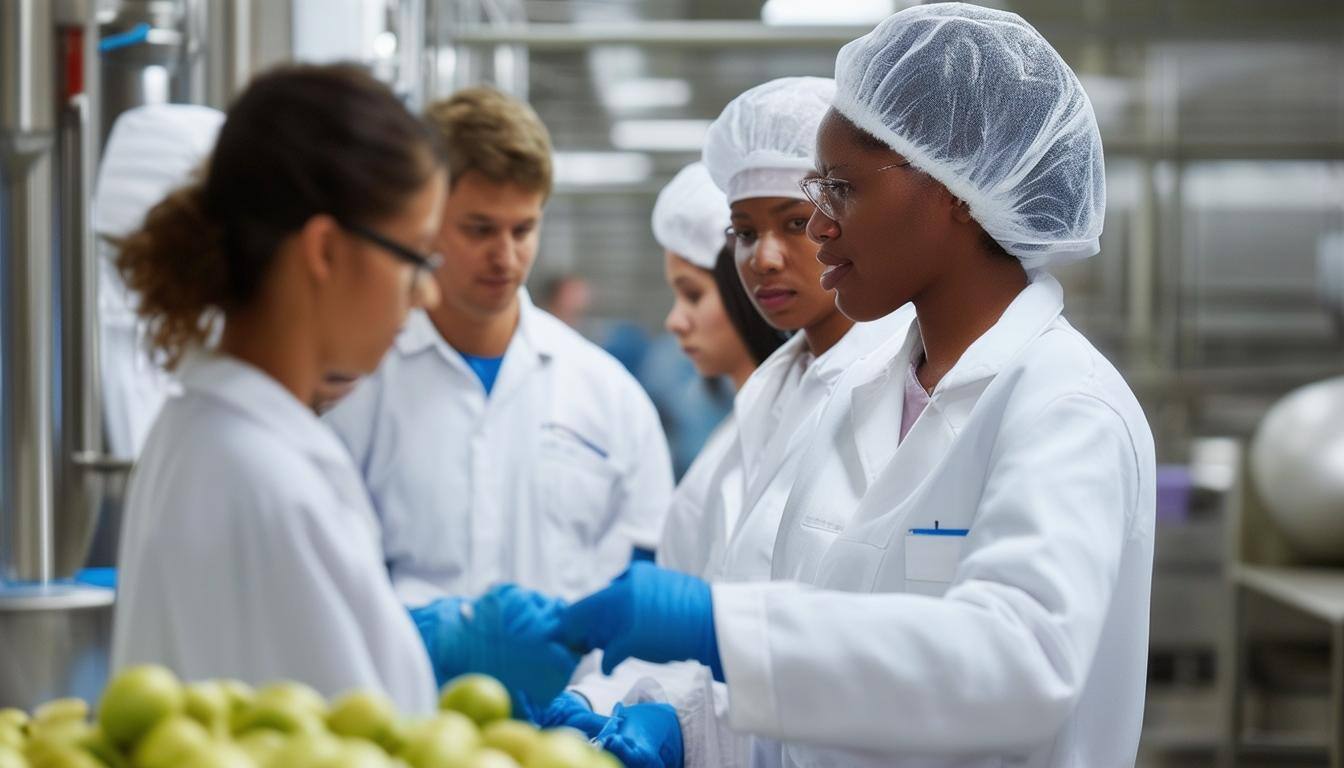 supervisor Training workers in a food manufacturing environment