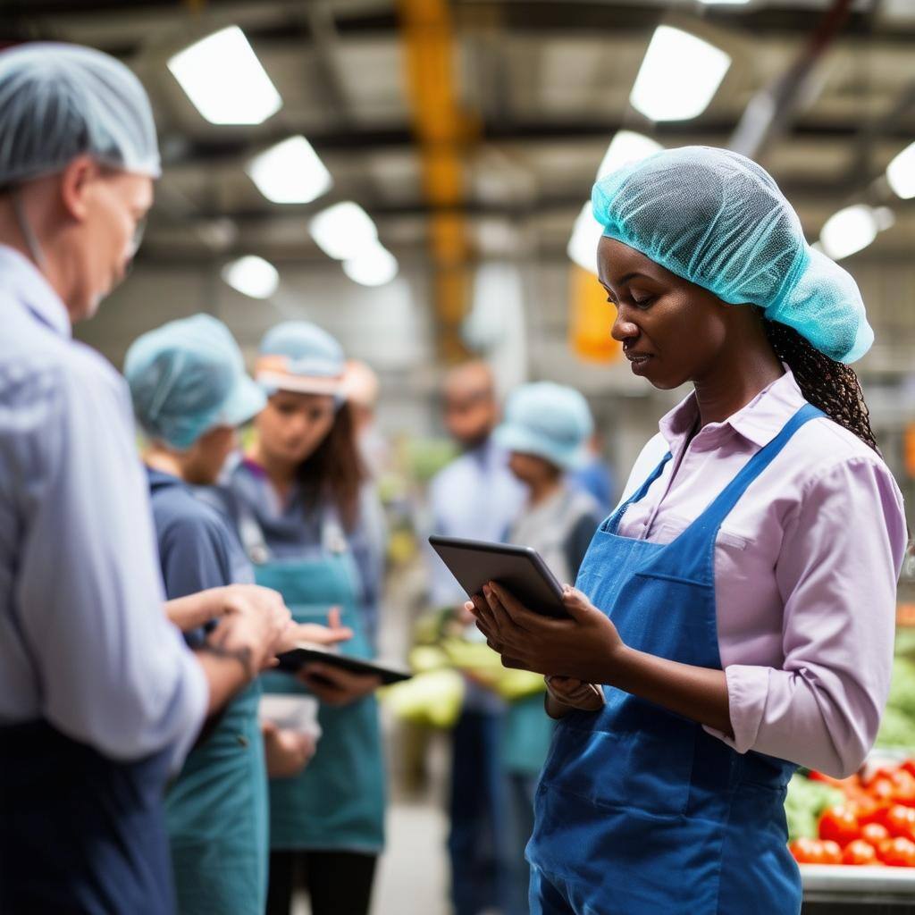 workers in a food production facility receiving training in a group from a supervisor with a tablet computer